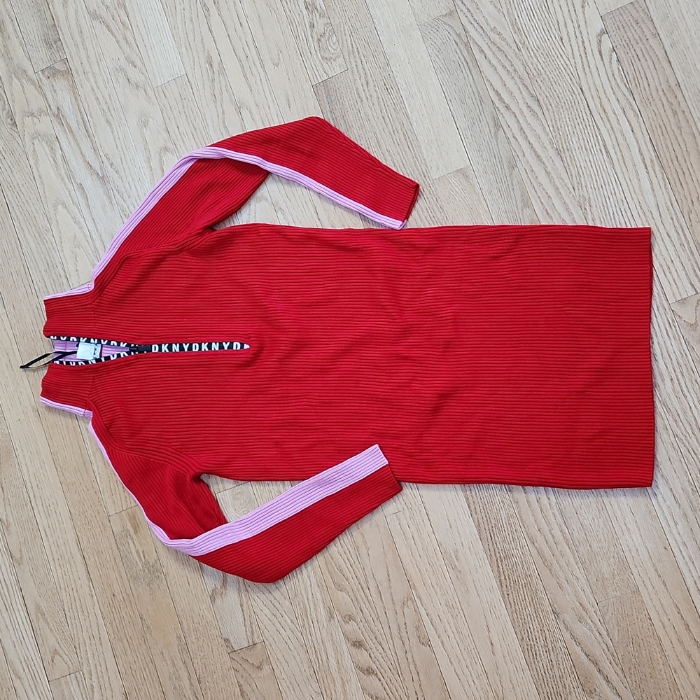 DKNY Girls rib knit red sweater dress with logo